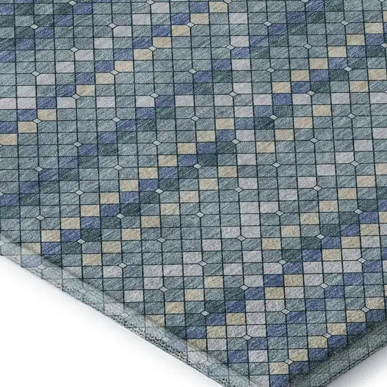 Denim Blue Ivory And Teal Geometric Washable Area Rug With UV Protection Photo 3