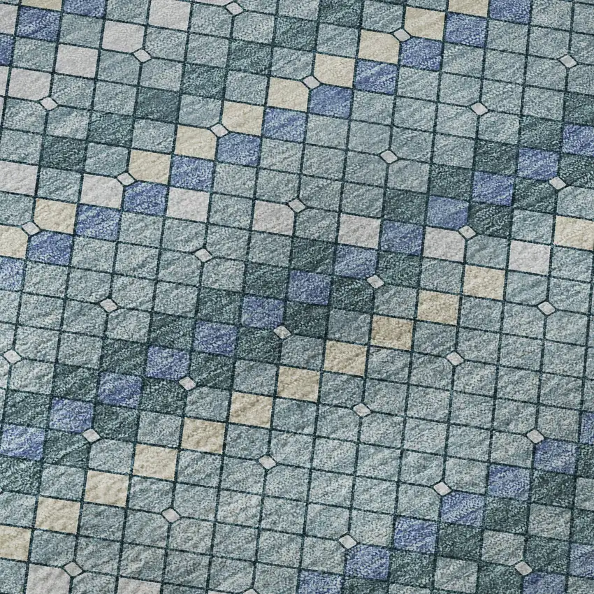 Denim Blue Ivory And Teal Geometric Washable Area Rug With UV Protection Photo 9