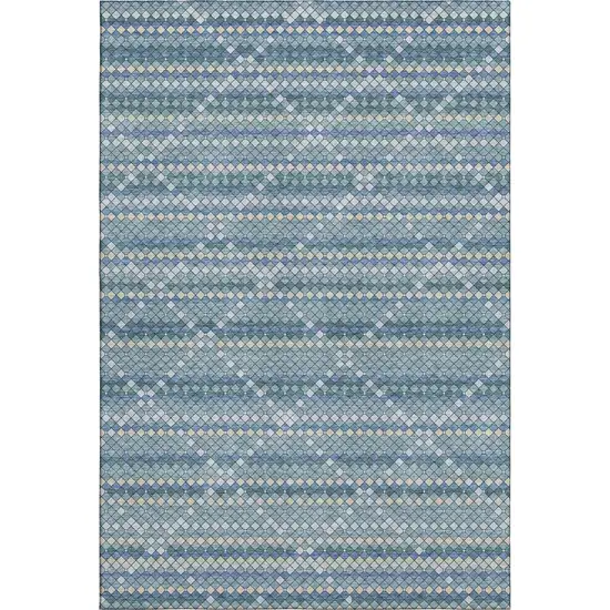 Denim Blue Ivory And Teal Geometric Washable Area Rug With UV Protection Photo 6