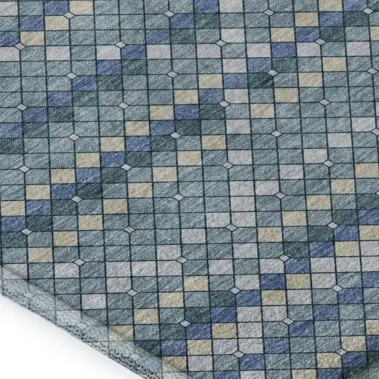 Denim Blue Ivory And Teal Geometric Washable Area Rug With UV Protection Photo 2