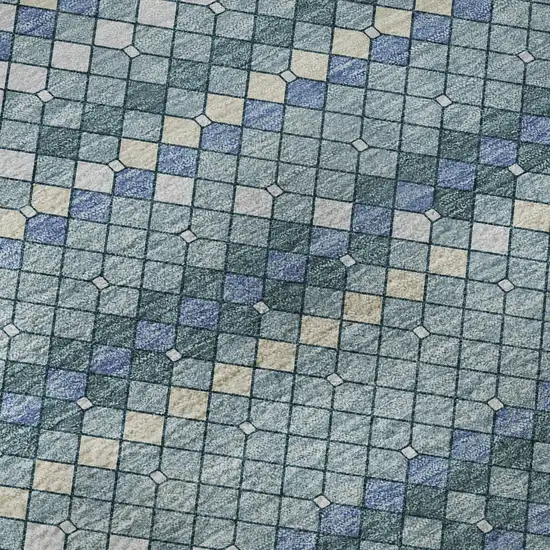 Denim Blue Ivory And Teal Geometric Washable Area Rug With UV Protection Photo 9