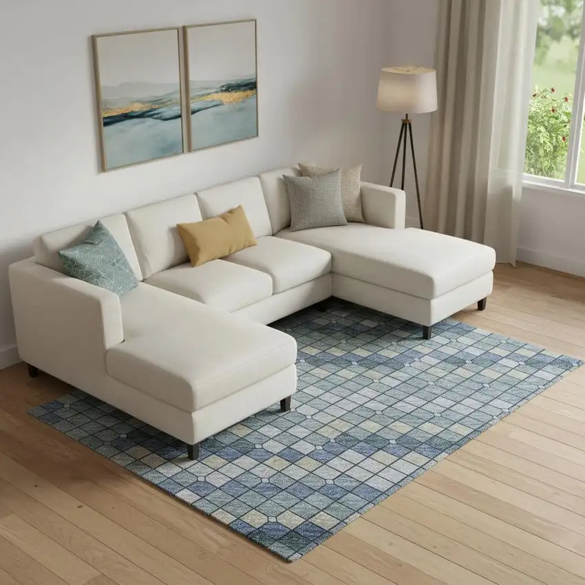 Denim Blue Ivory And Teal Geometric Washable Area Rug With UV Protection Photo 2