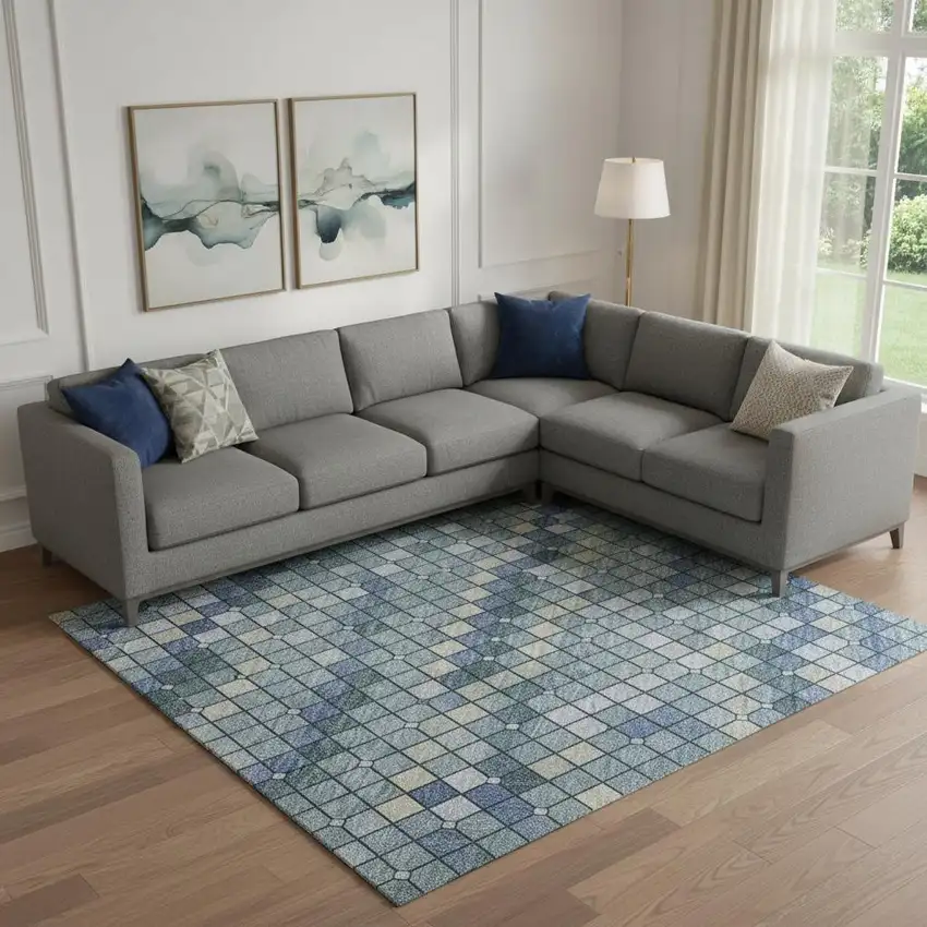 Denim Blue Ivory And Teal Geometric Washable Area Rug With UV Protection Photo 2