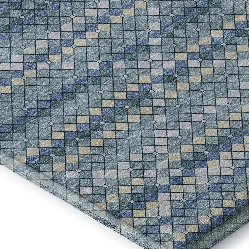 Denim Blue Ivory And Teal Geometric Washable Area Rug With UV Protection Photo 3