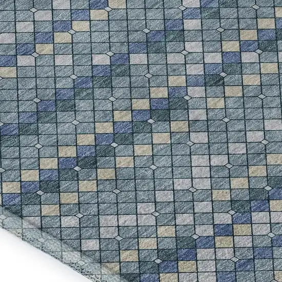 Denim Blue Ivory And Teal Geometric Washable Area Rug With UV Protection Photo 2