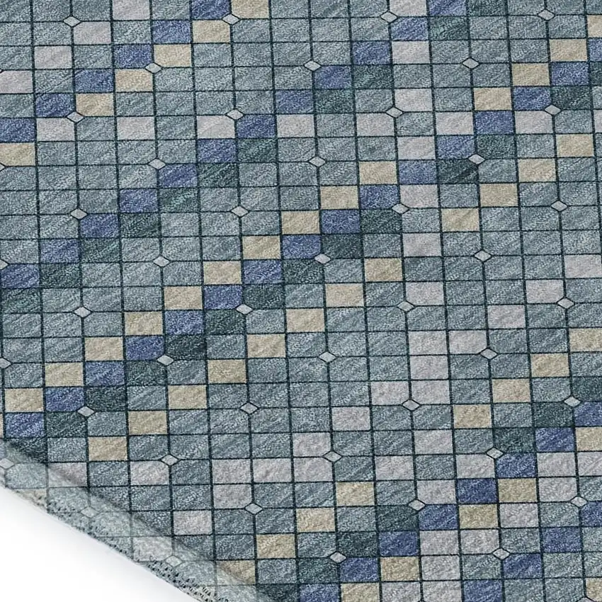 Denim Blue Ivory And Teal Geometric Washable Area Rug With UV Protection Photo 2