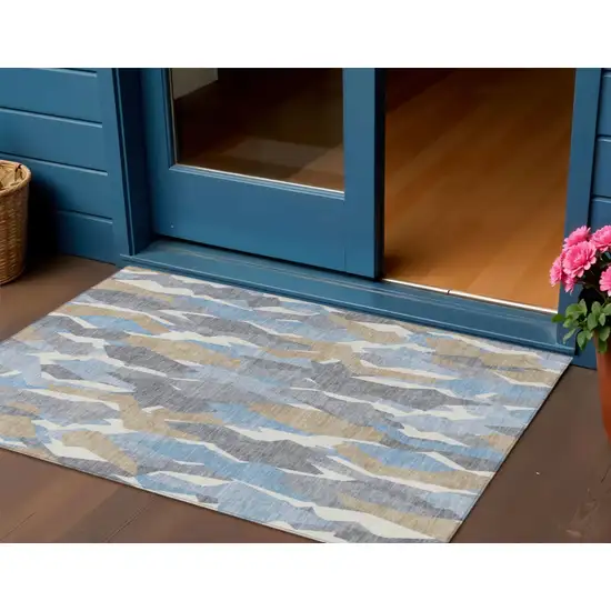 Denim Blue Khaki And Ivory Striped Washable Indoor Outdoor Area Rug Photo 1