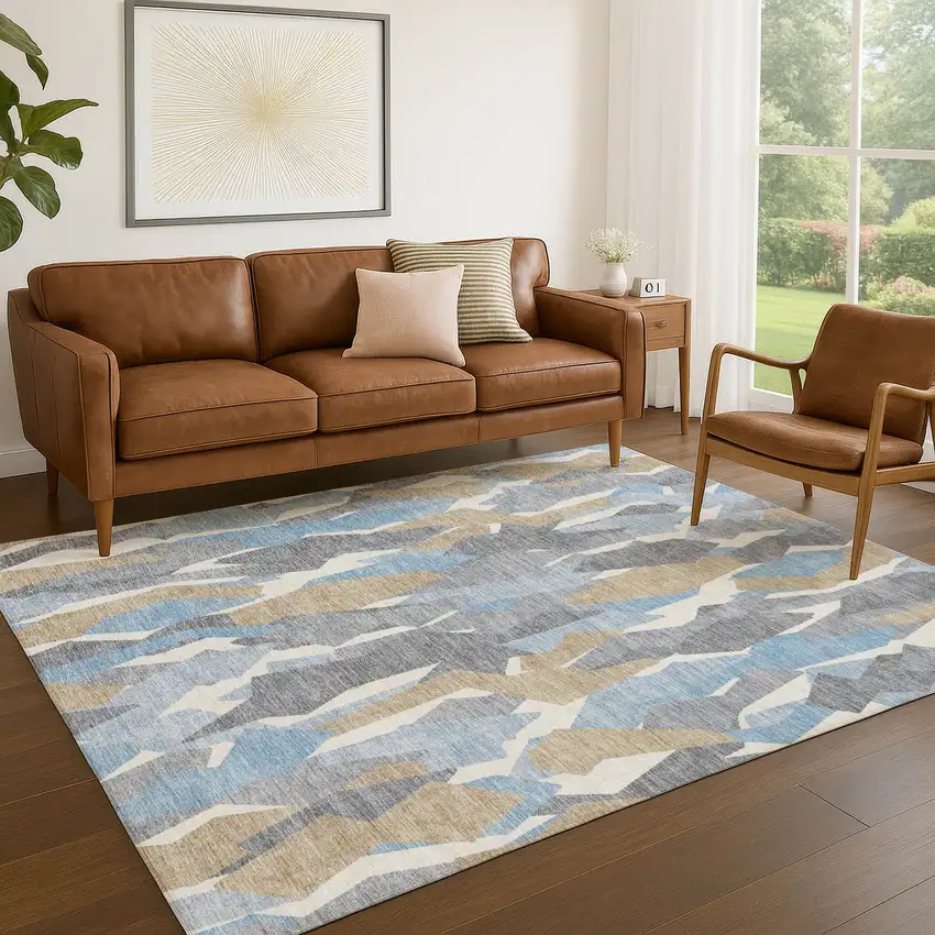 Denim Blue Khaki And Ivory Striped Washable Indoor Outdoor Area Rug Photo 9