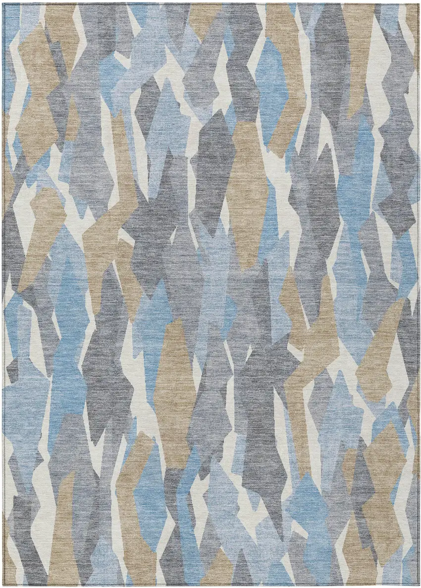Denim Blue Khaki And Ivory Striped Washable Indoor Outdoor Area Rug Photo 2
