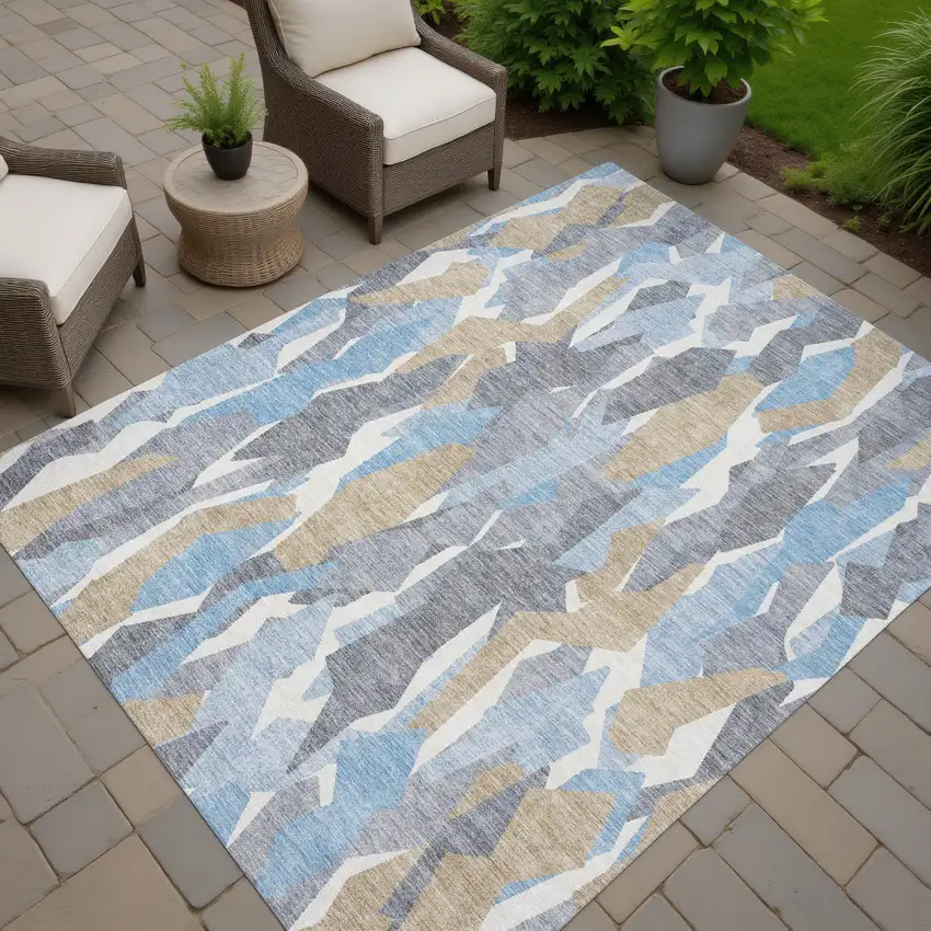 Denim Blue Khaki And Ivory Striped Washable Indoor Outdoor Area Rug Photo 8