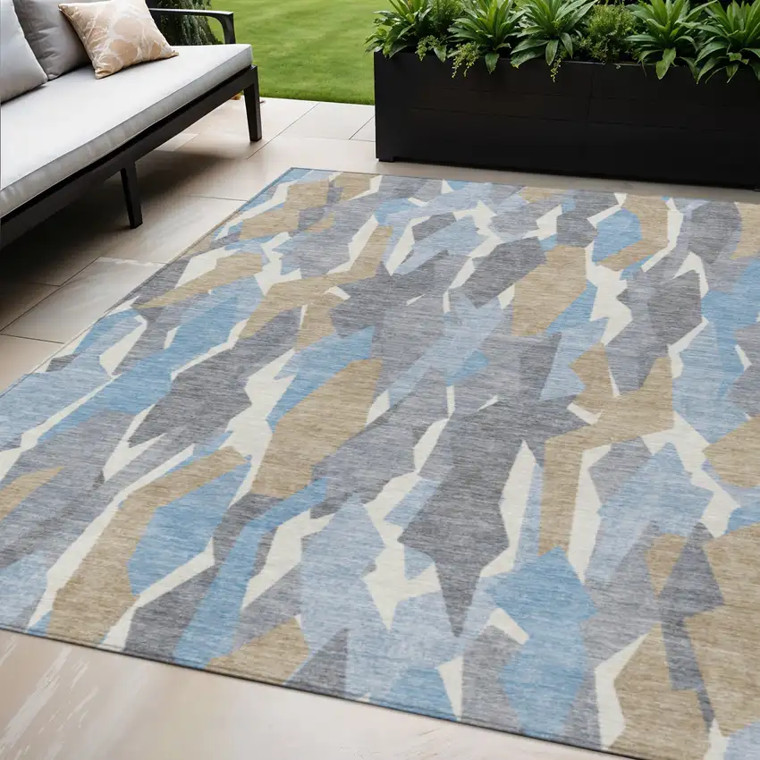 Denim Blue Khaki And Ivory Striped Washable Indoor Outdoor Area Rug Photo 1