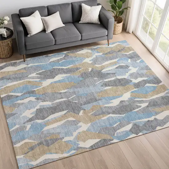 Denim Blue Khaki And Ivory Striped Washable Indoor Outdoor Area Rug Photo 9