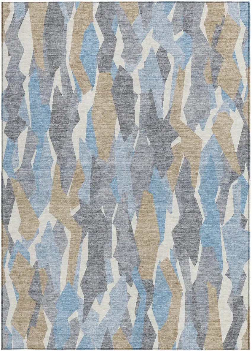 Denim Blue Khaki And Ivory Striped Washable Indoor Outdoor Area Rug Photo 2