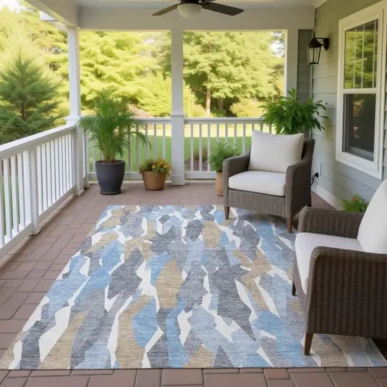 Denim Blue Khaki And Ivory Striped Washable Indoor Outdoor Area Rug Photo 9