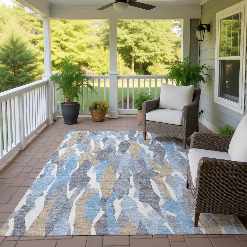 Denim Blue Khaki And Ivory Striped Washable Indoor Outdoor Area Rug Photo 9