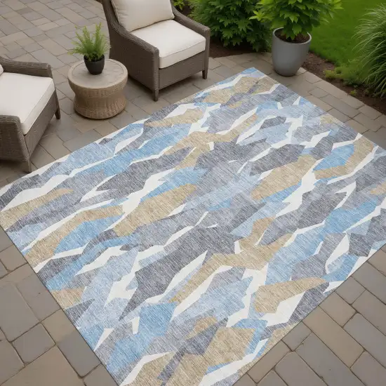 Denim Blue Khaki And Ivory Striped Washable Indoor Outdoor Area Rug Photo 6