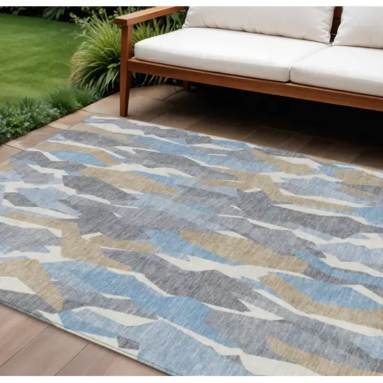 Denim Blue Khaki And Ivory Striped Washable Indoor Outdoor Area Rug Photo 1