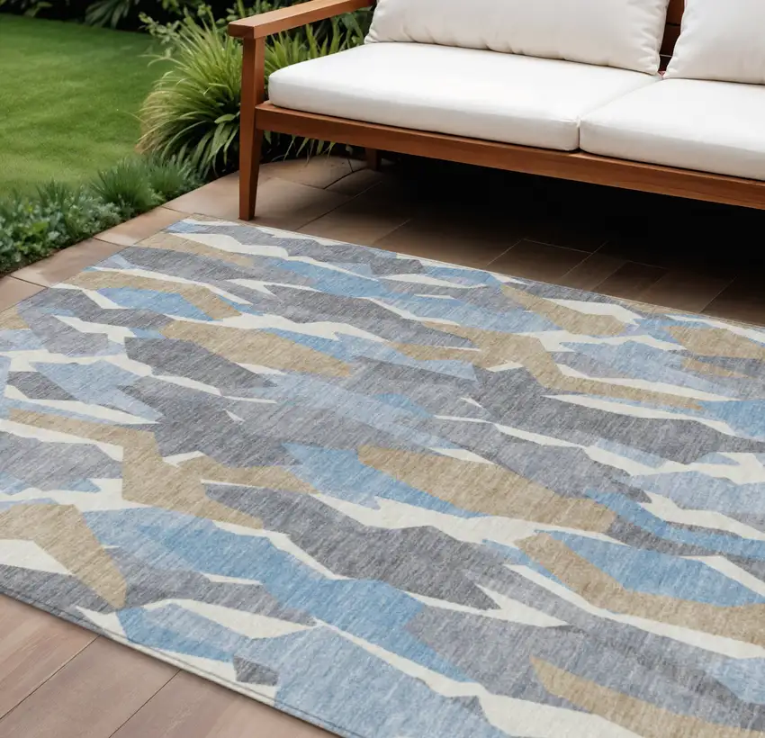 Denim Blue Khaki And Ivory Striped Washable Indoor Outdoor Area Rug Photo 1
