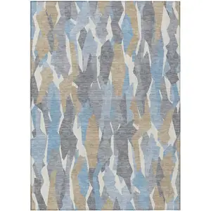 Photo of Denim Blue Khaki And Ivory Striped Washable Indoor Outdoor Area Rug