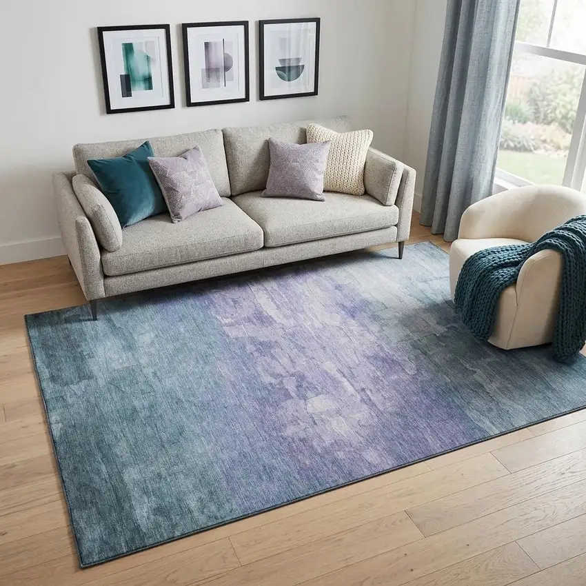 Denim Blue Lavender And Sky Blue Striped Washable Area Rug With UV Protection Photo 1