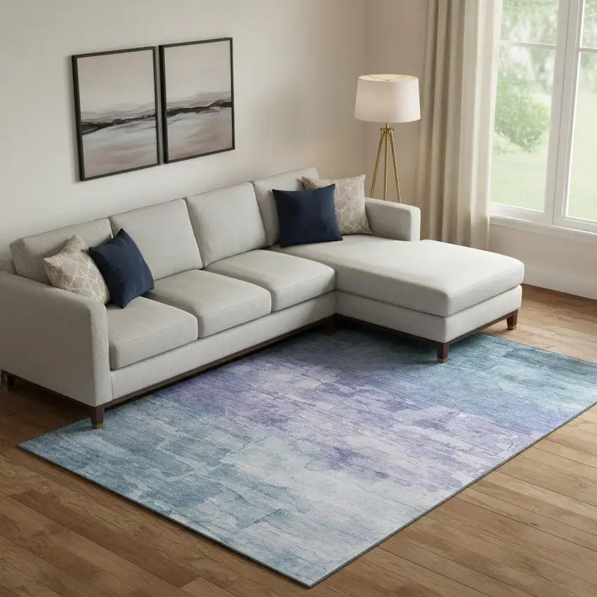 Denim Blue Lavender And Sky Blue Striped Washable Area Rug With UV Protection Photo 2