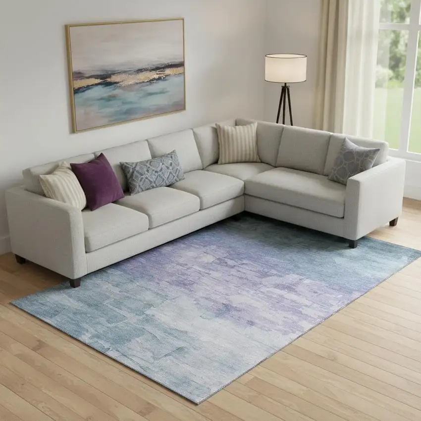 Denim Blue Lavender And Sky Blue Striped Washable Area Rug With UV Protection Photo 2