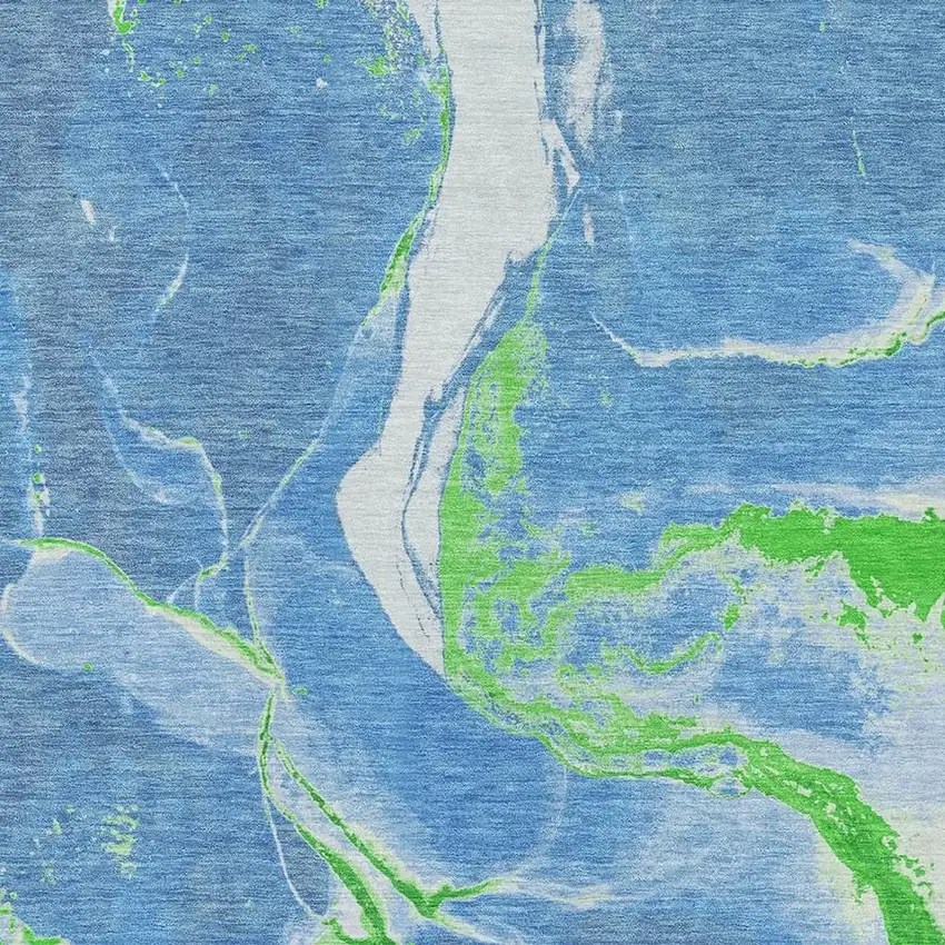 Denim Blue Lime Green And Ivory Abstract Washable Area Rug With UV Protection Photo 2