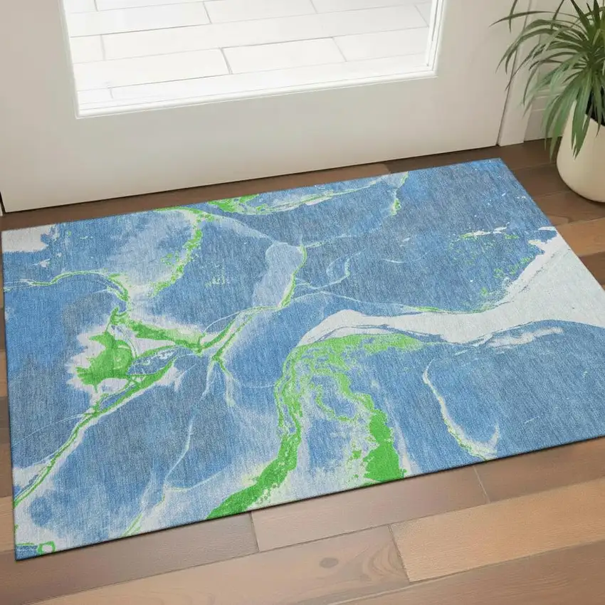 Denim Blue Lime Green And Ivory Abstract Washable Area Rug With UV Protection Photo 2