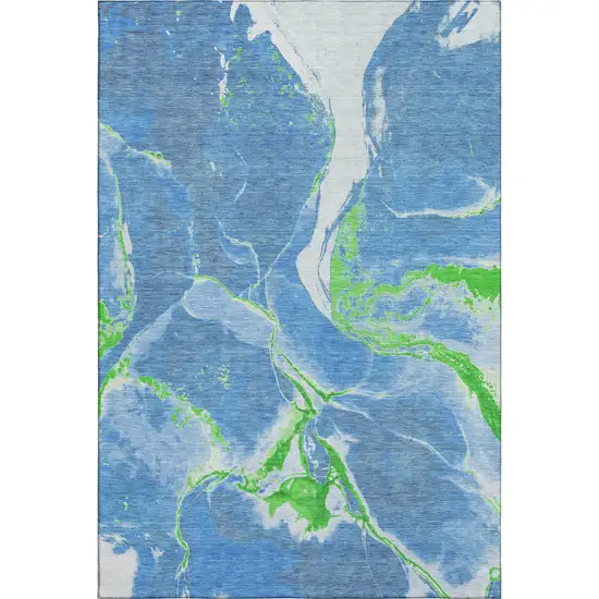Denim Blue Lime Green And Ivory Abstract Washable Area Rug With UV Protection Photo 1