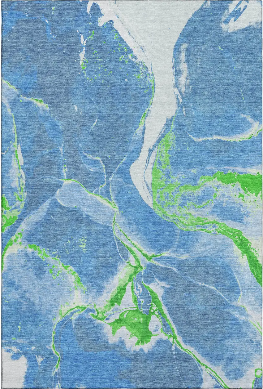 Denim Blue Lime Green And Ivory Abstract Washable Area Rug With UV Protection Photo 1