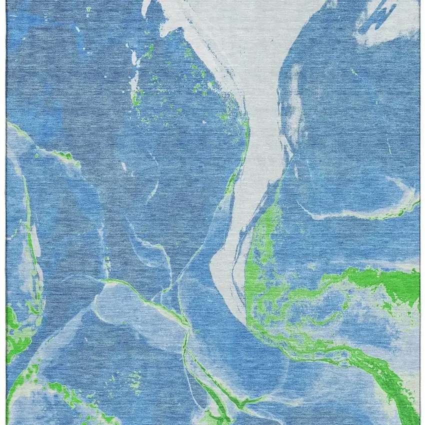 Denim Blue Lime Green And Ivory Abstract Washable Area Rug With UV Protection Photo 3