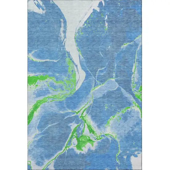 Denim Blue Lime Green And Ivory Abstract Washable Area Rug With UV Protection Photo 3