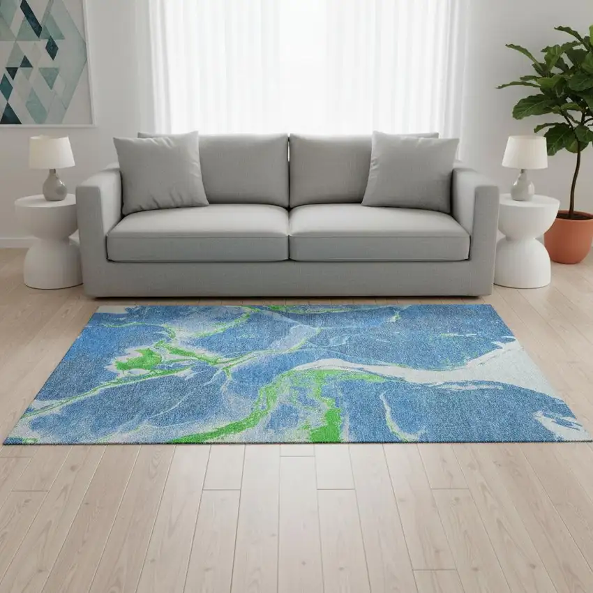 Denim Blue Lime Green And Ivory Abstract Washable Area Rug With UV Protection Photo 2