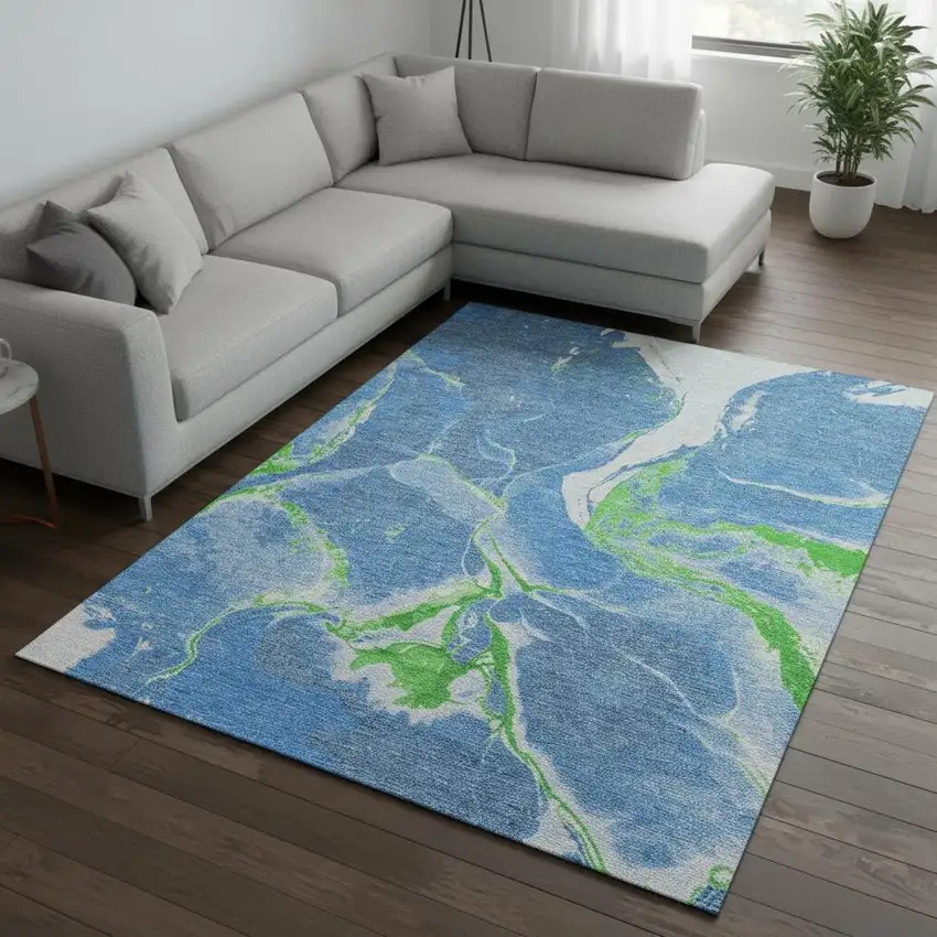 Denim Blue Lime Green And Ivory Abstract Washable Area Rug With UV Protection Photo 2