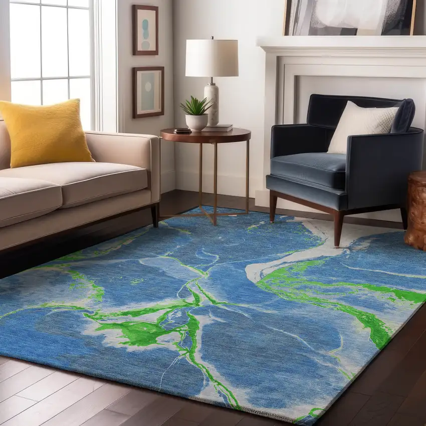 Denim Blue Lime Green And Ivory Abstract Washable Area Rug With UV Protection Photo 3