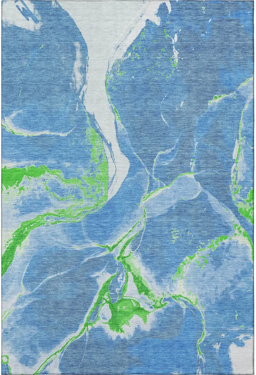Denim Blue Lime Green And Ivory Abstract Washable Area Rug With UV Protection Photo 2