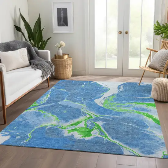 Denim Blue Lime Green And Ivory Abstract Washable Area Rug With UV Protection Photo 4