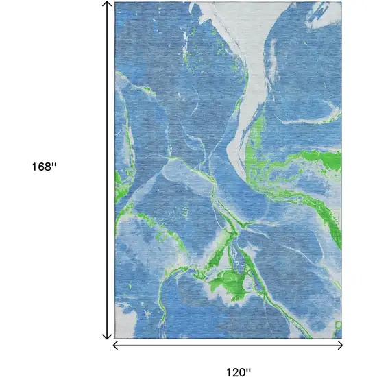 Denim Blue Lime Green And Ivory Abstract Washable Area Rug With UV Protection Photo 9