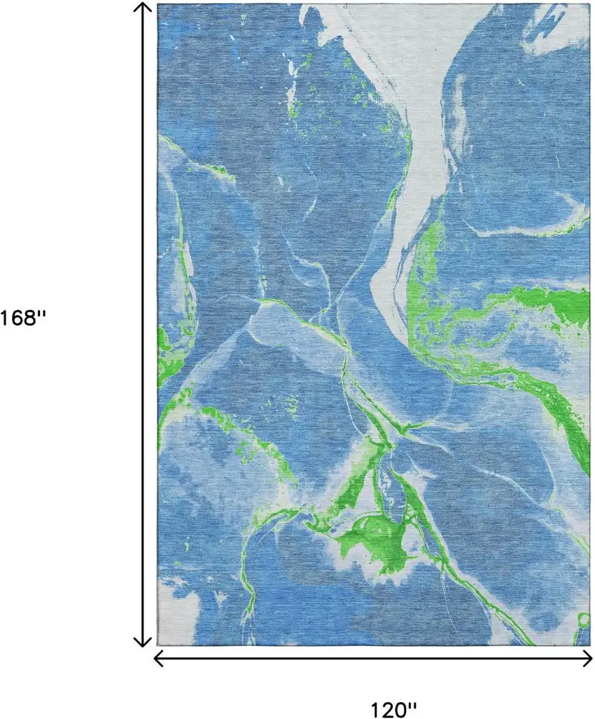 Denim Blue Lime Green And Ivory Abstract Washable Area Rug With UV Protection Photo 9