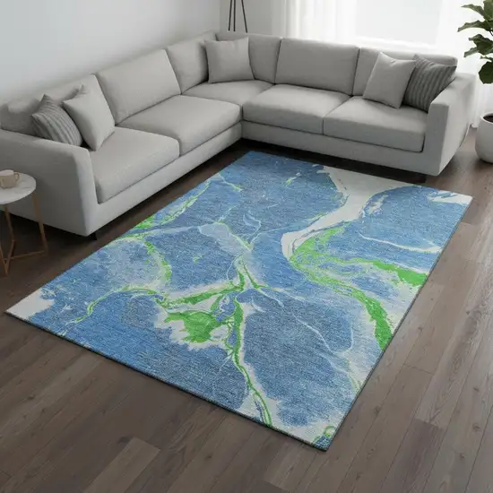 Denim Blue Lime Green And Ivory Abstract Washable Area Rug With UV Protection Photo 2