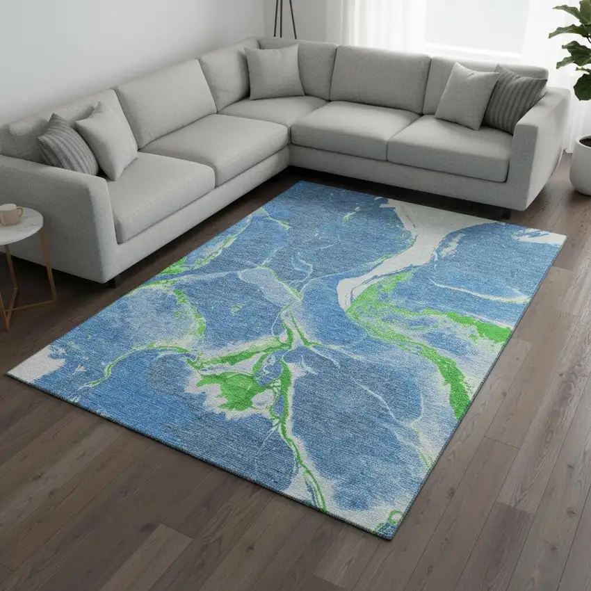 Denim Blue Lime Green And Ivory Abstract Washable Area Rug With UV Protection Photo 2