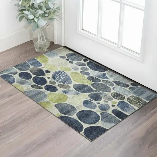 Denim Blue Lime Green And Ivory Geometric Washable Area Rug With UV Protection Photo 2