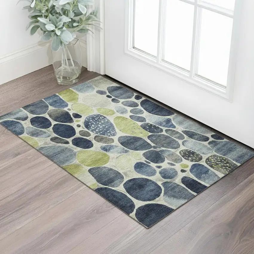 Denim Blue Lime Green And Ivory Geometric Washable Area Rug With UV Protection Photo 2