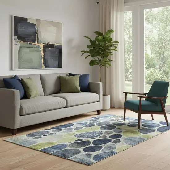 Denim Blue Lime Green And Ivory Geometric Washable Area Rug With UV Protection Photo 2