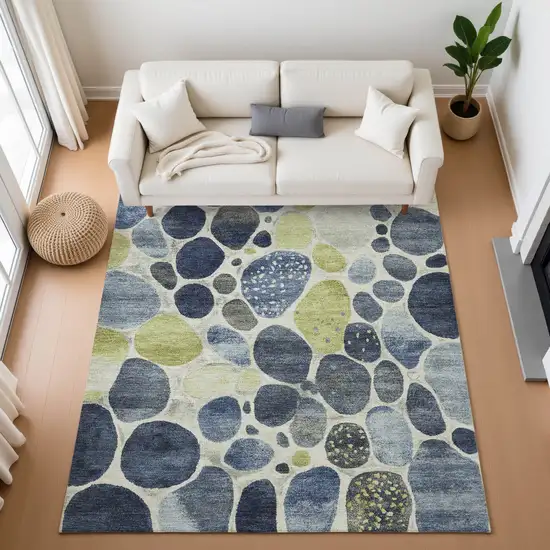 Denim Blue Lime Green And Ivory Geometric Washable Area Rug With UV Protection Photo 5
