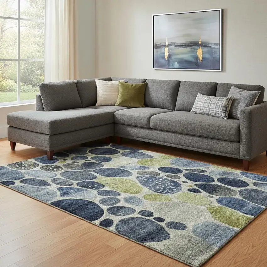 Denim Blue Lime Green And Ivory Geometric Washable Area Rug With UV Protection Photo 2