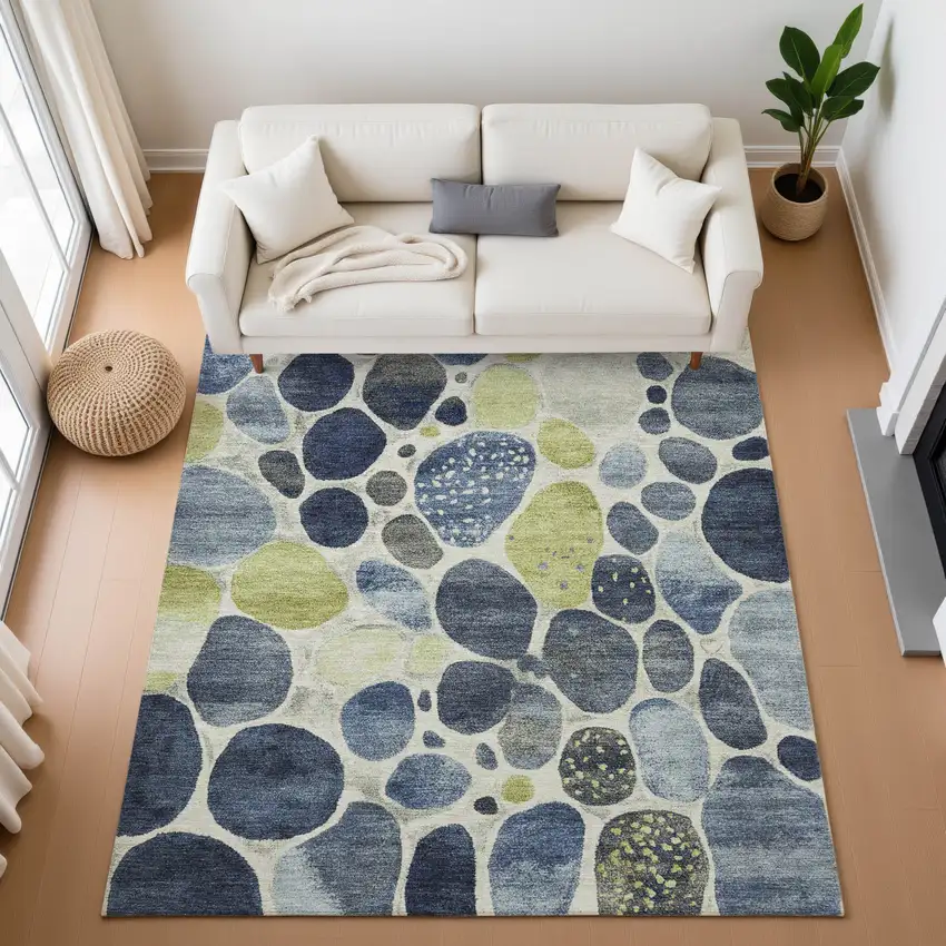 Denim Blue Lime Green And Ivory Geometric Washable Area Rug With UV Protection Photo 5