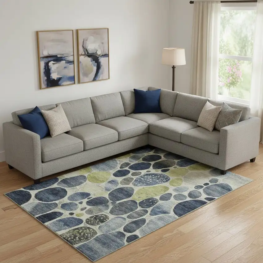 Denim Blue Lime Green And Ivory Geometric Washable Area Rug With UV Protection Photo 2