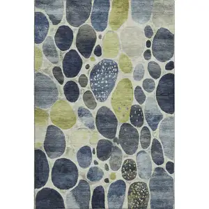 Photo of Denim Blue Lime Green And Ivory Geometric Washable Area Rug With UV Protection