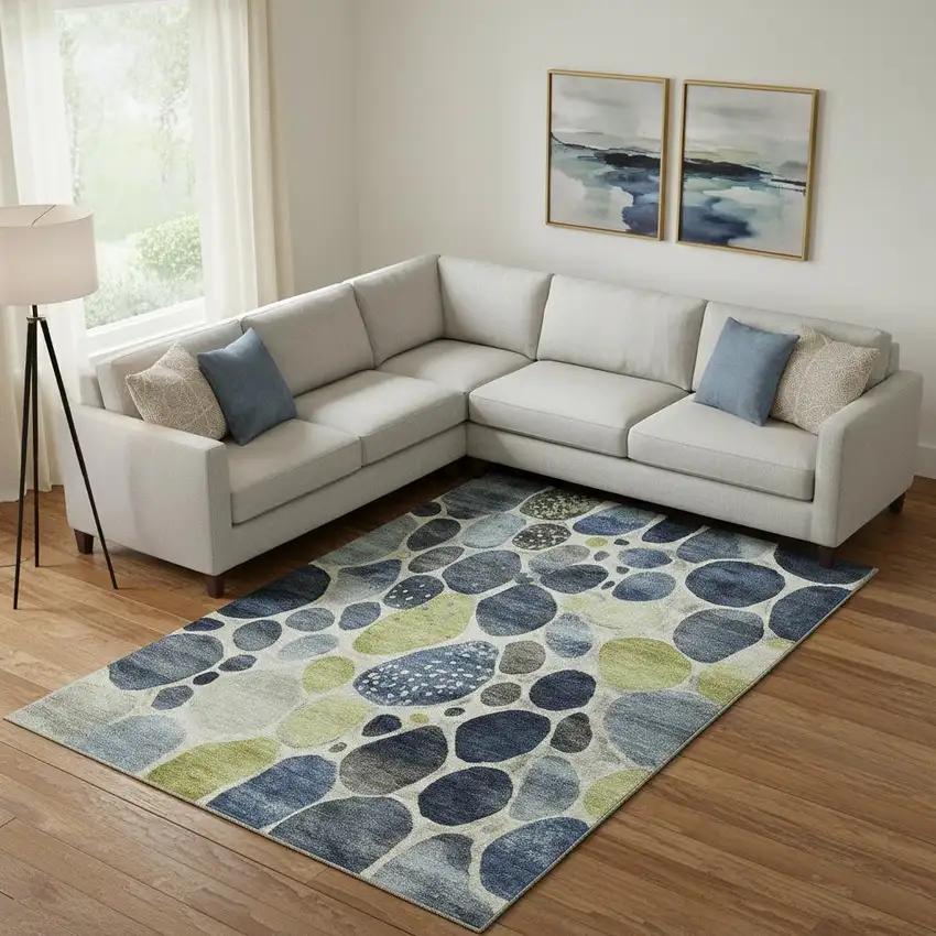Denim Blue Lime Green And Ivory Geometric Washable Area Rug With UV Protection Photo 2